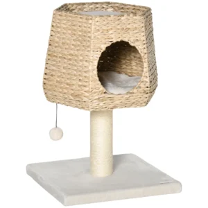 Rascador con cueva para gato y poste de sisal natural