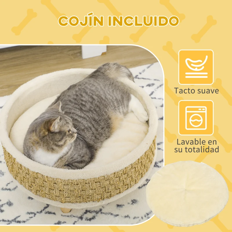 Cama Redonda Elevada para Gato con Patas de Madera y Cojín Acolchado - Imagen 4