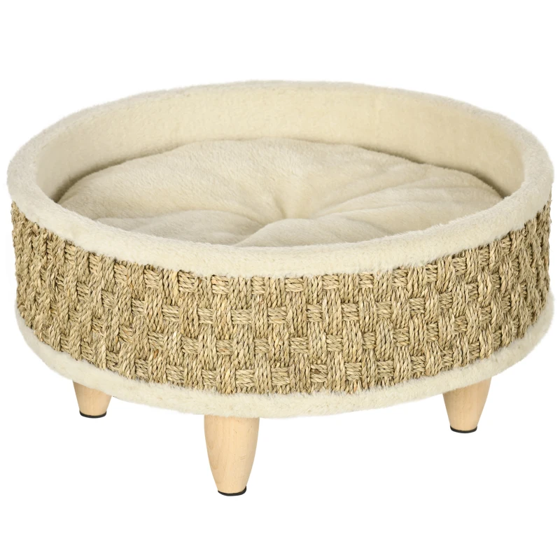 Cama Redonda Elevada para Gato con Patas de Madera y Cojín Acolchado