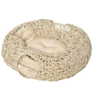 Cueva túnel para gato de ratán natural con cojín