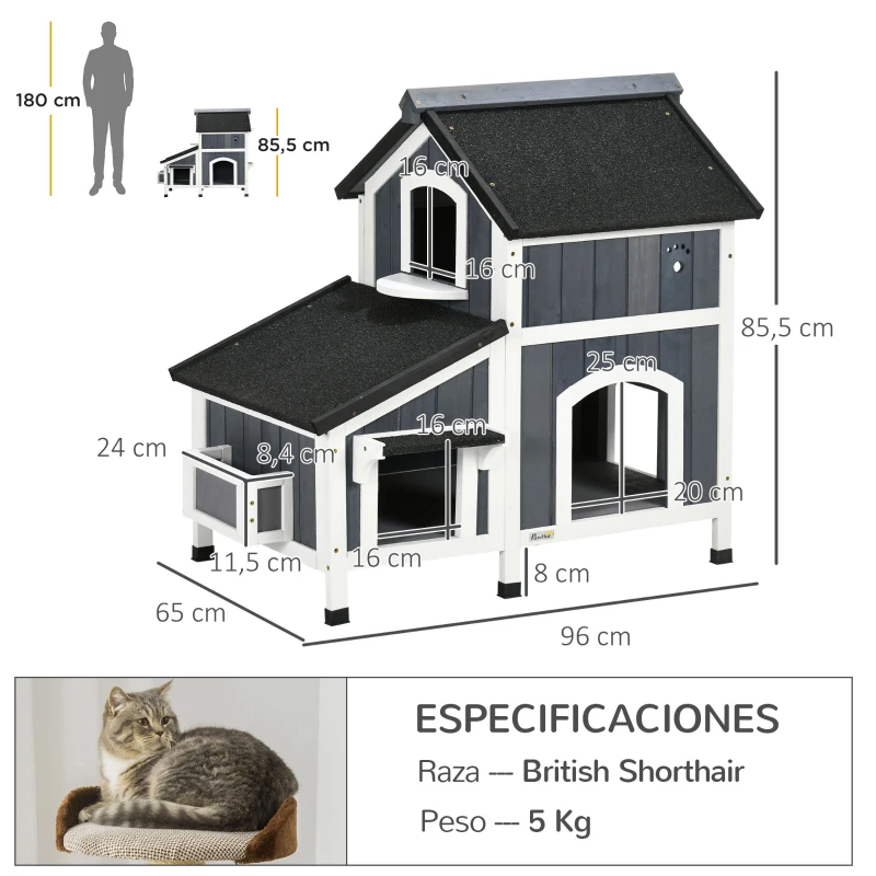 Casa para Gatos Exterior de Madera con 2 Niveles - Imagen 10