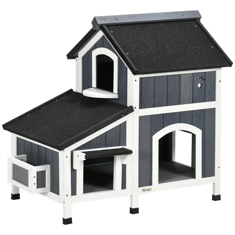 Casa para Gatos Exterior de Madera con 2 Niveles - Imagen 9