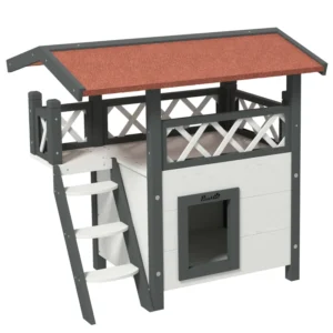 Casa para Gatos Exterior de 2 Niveles con Terraza y Escalera