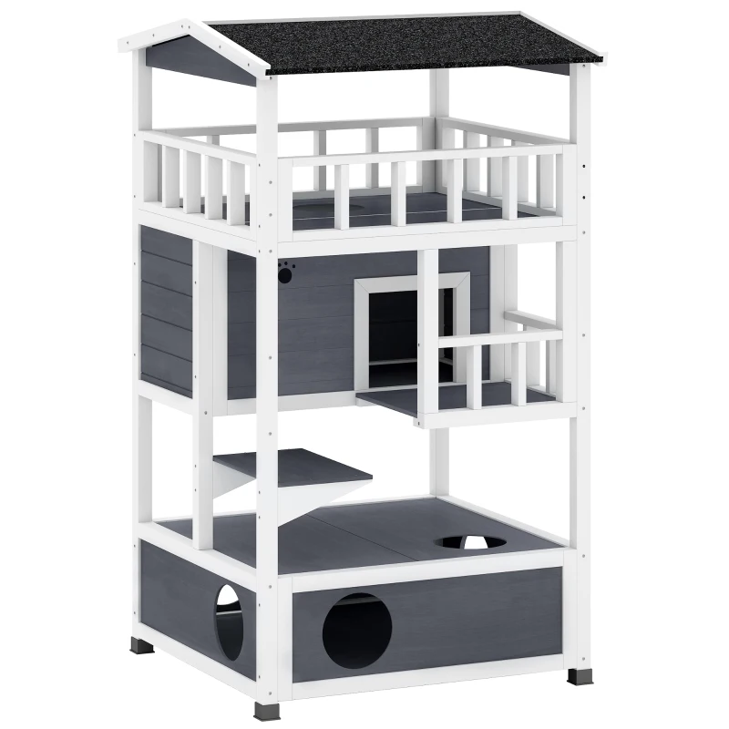 Caseta para Gatos de Madera con Balcones – Interior y Exterior
