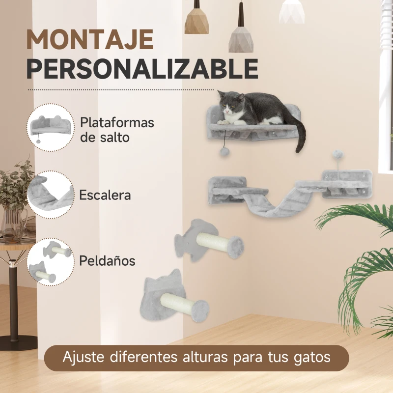 Juego de Pared para Gatos con Plataforma, Escalera y Rascador de Sisal - Imagen 5