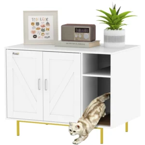 Mueble arenero para gatos con compartimento de almacenaje y estantería lateral