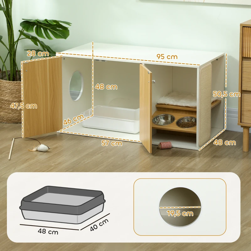 Mueble arenero 3 en 1 con zona de descanso y comederos integrados - Imagen 3