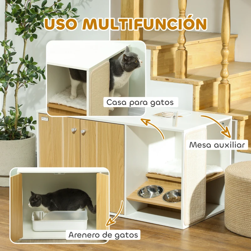Mueble arenero 3 en 1 con zona de descanso y comederos integrados - Imagen 4