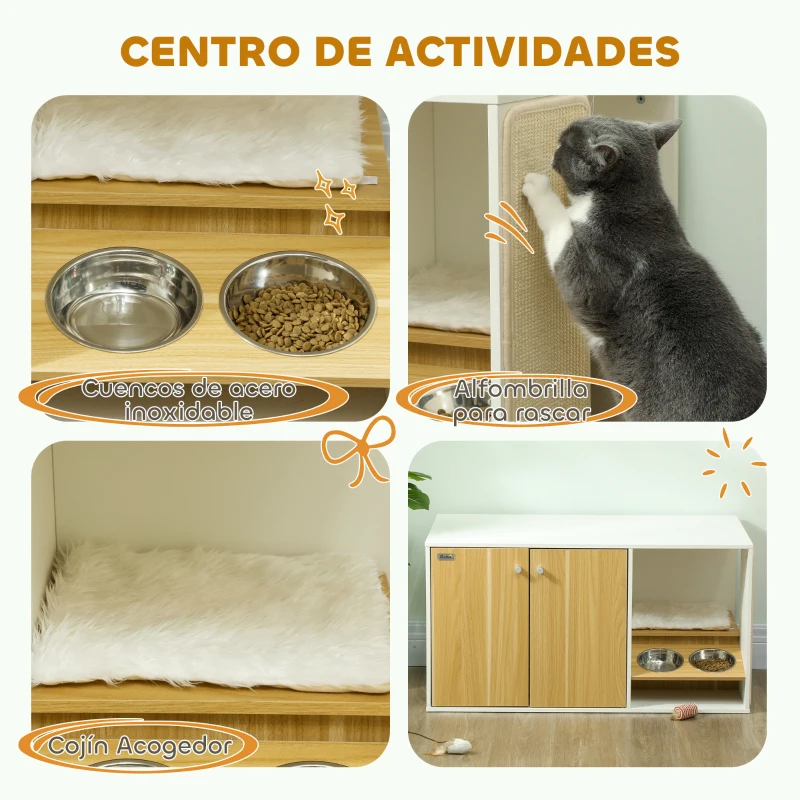 Mueble arenero 3 en 1 con zona de descanso y comederos integrados - Imagen 5