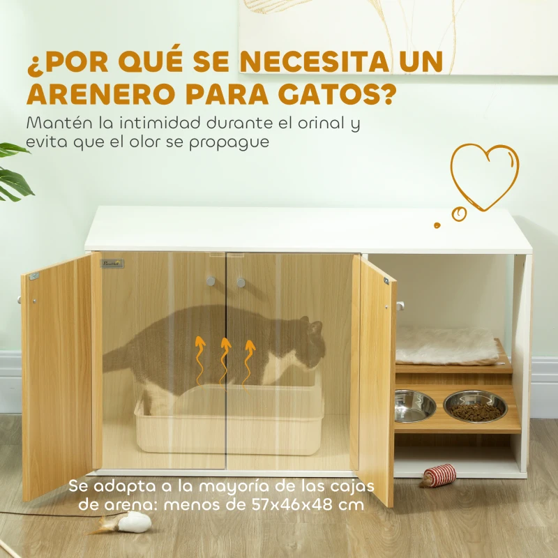 Mueble arenero 3 en 1 con zona de descanso y comederos integrados - Imagen 6