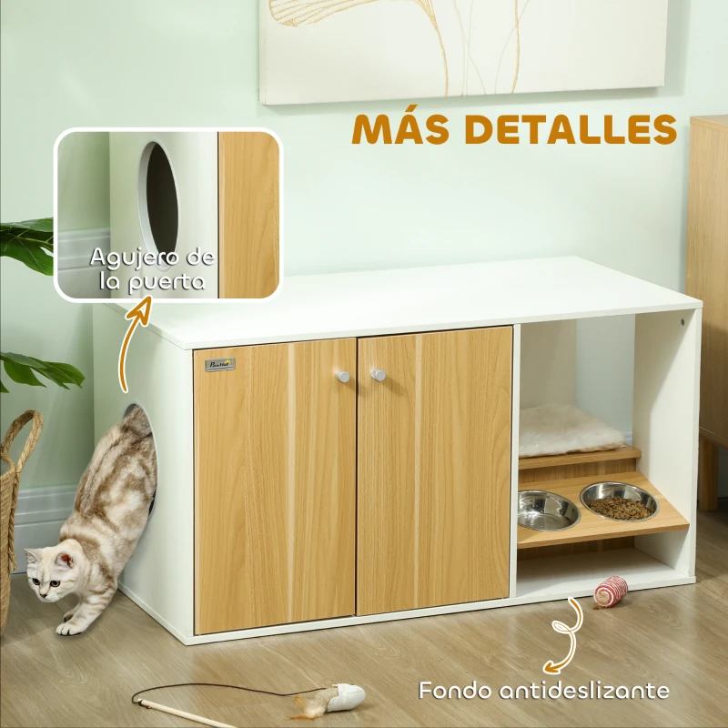 Mueble arenero 3 en 1 con zona de descanso y comederos integrados - Imagen 7