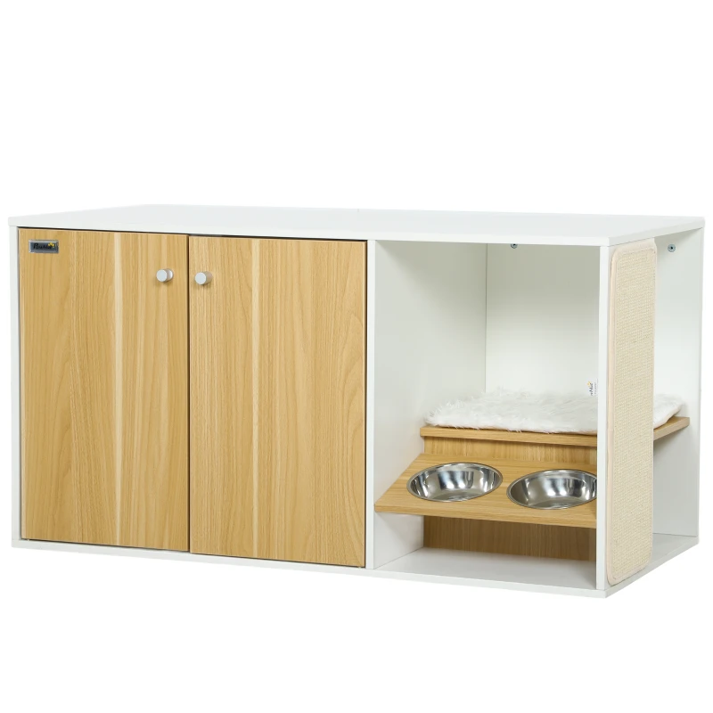 Mueble arenero 3 en 1 con zona de descanso y comederos integrados