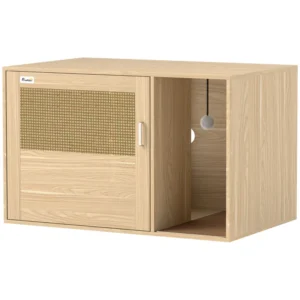 Mueble arenero para gatos con puerta corredera y rascador