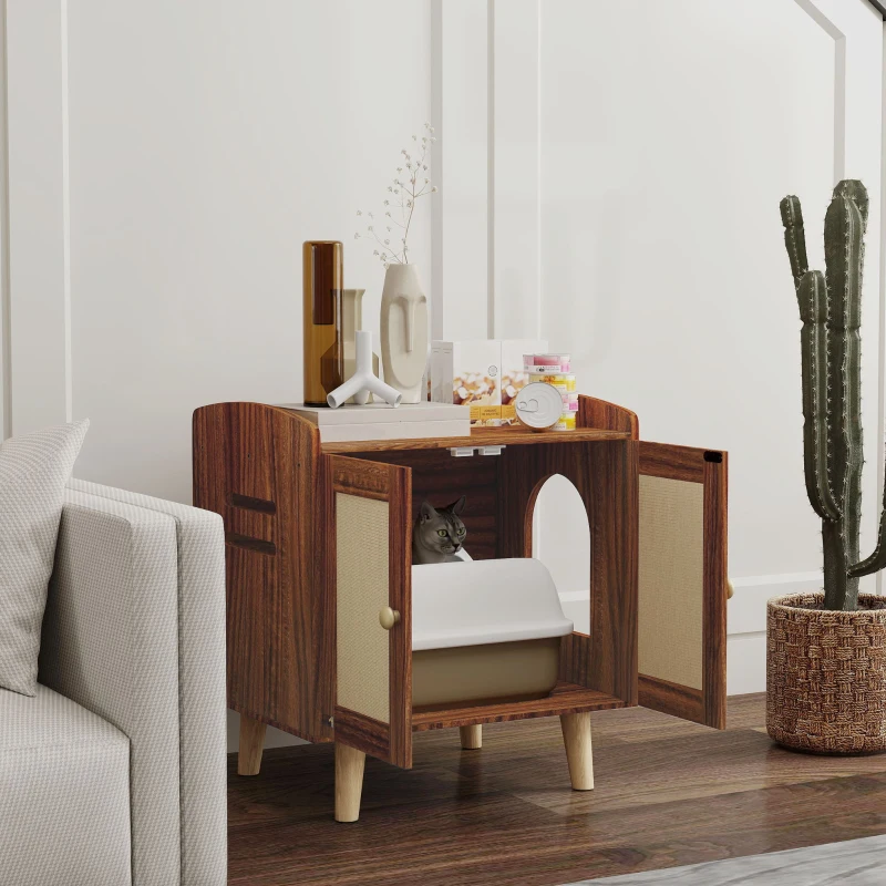 Mueble arenero para gatos con puertas decorativas y entrada lateral - Imagen 2
