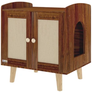 Mueble arenero para gatos con puertas decorativas y entrada lateral