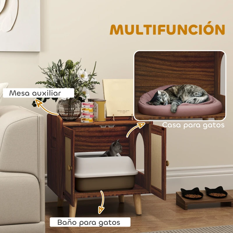 Mueble arenero para gatos con puertas decorativas y entrada lateral - Imagen 4