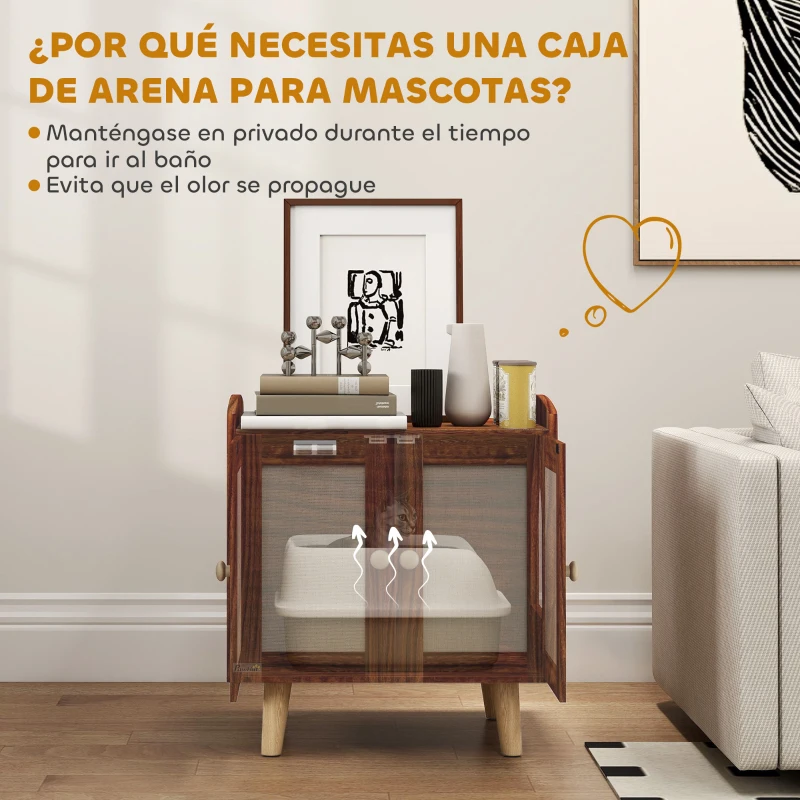 Mueble arenero para gatos con puertas decorativas y entrada lateral - Imagen 5