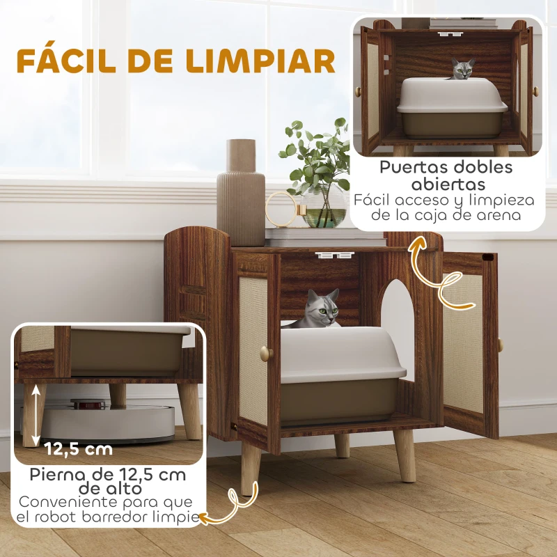 Mueble arenero para gatos con puertas decorativas y entrada lateral - Imagen 7