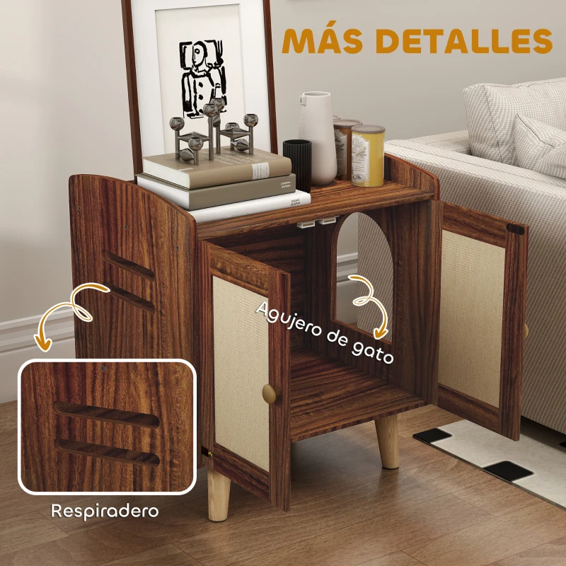 Mueble arenero para gatos con puertas decorativas y entrada lateral - Imagen 8