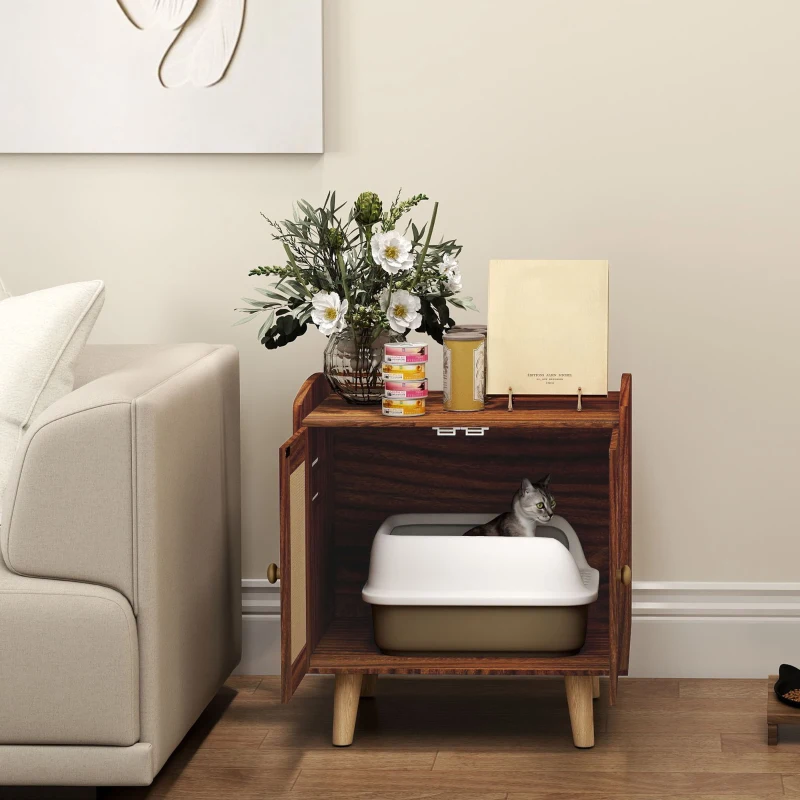 Mueble arenero para gatos con puertas decorativas y entrada lateral - Imagen 9