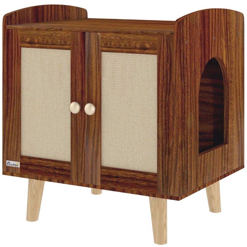 Mueble arenero para gatos con puertas decorativas y entrada lateral