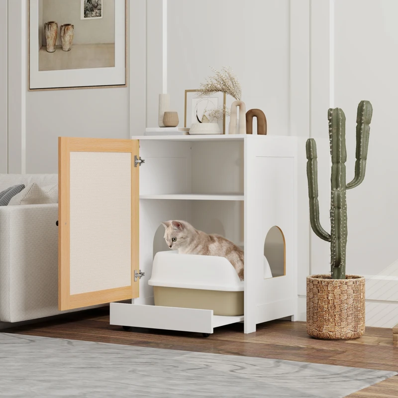 Mueble arenero para gatos con bandeja extraíble y panel rascador - Imagen 2