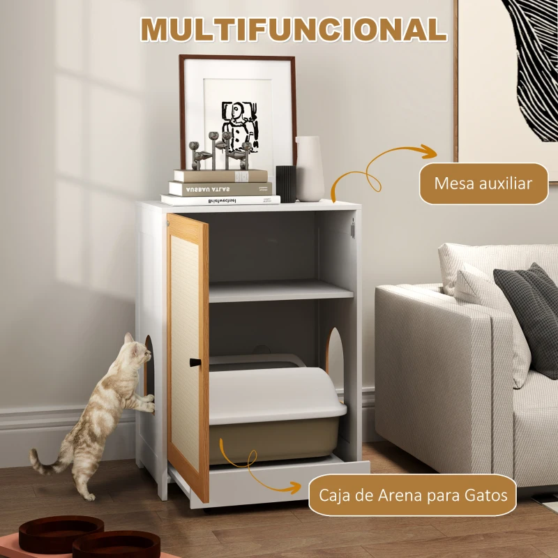 Mueble arenero para gatos con bandeja extraíble y panel rascador - Imagen 8