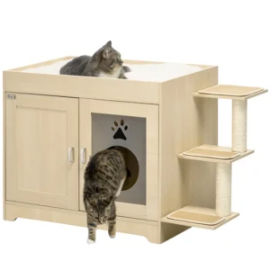 Mueble arenero para gatos con cama superior, cajón y plataformas de salto