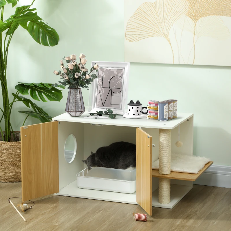 Mueble arenero para gatos con zona de juegos y rascador lateral - Imagen 2