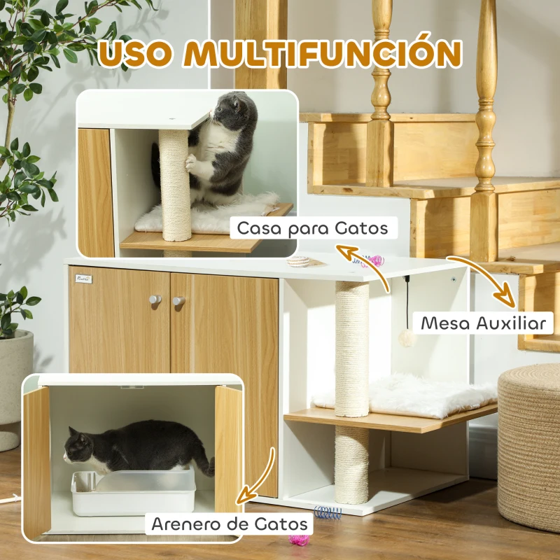 Mueble arenero para gatos con zona de juegos y rascador lateral - Imagen 4