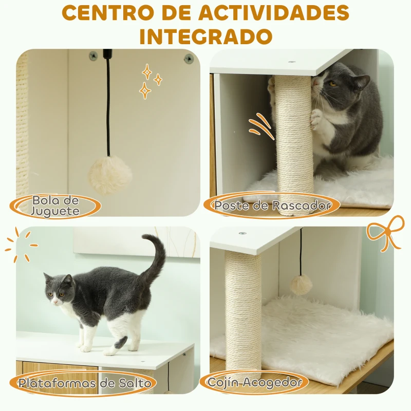 Mueble arenero para gatos con zona de juegos y rascador lateral - Imagen 5