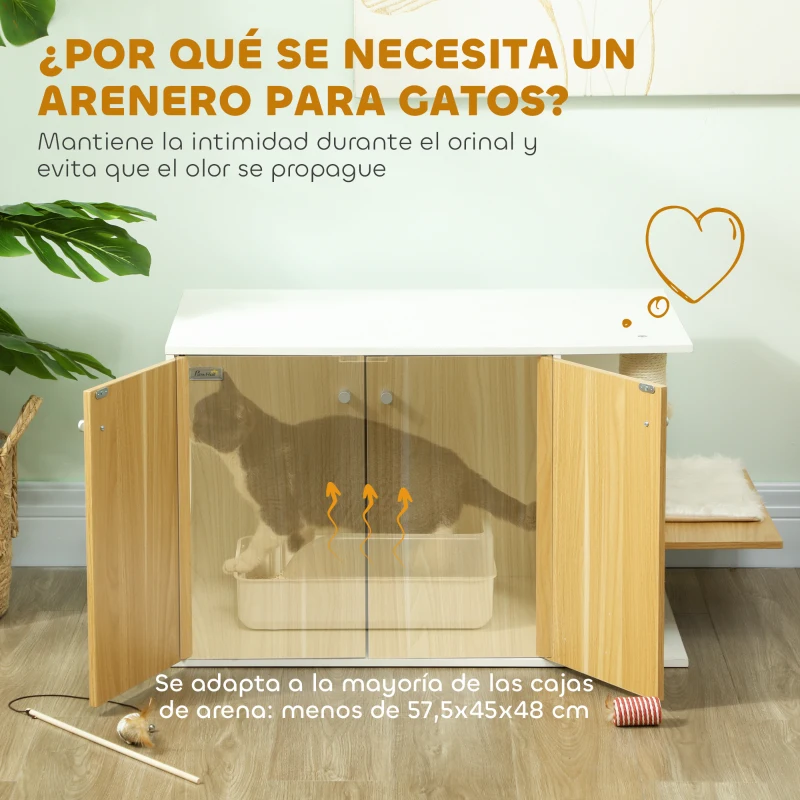 Mueble arenero para gatos con zona de juegos y rascador lateral - Imagen 6