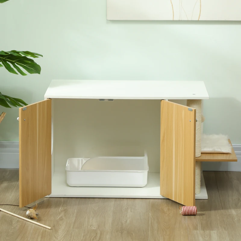 Mueble arenero para gatos con zona de juegos y rascador lateral - Imagen 7