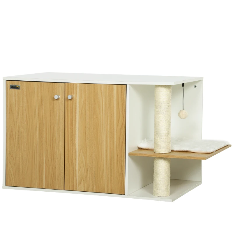 Mueble arenero para gatos con zona de juegos y rascador lateral