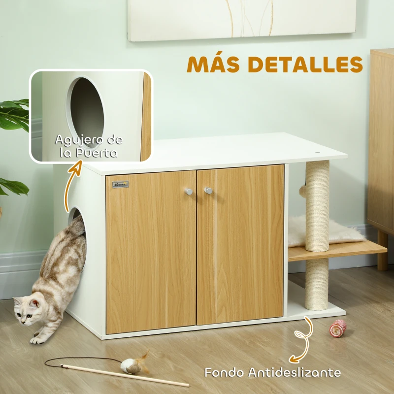 Mueble arenero para gatos con zona de juegos y rascador lateral - Imagen 8