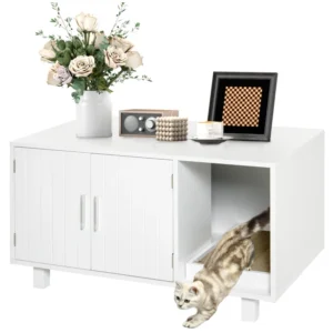 Mueble arenero para gatos con puerta rascador y doble compartimento